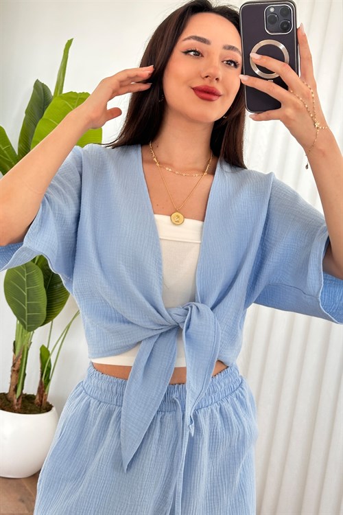 Müslin Önden Bağlamalı Kısa Model Toptan Bebe Mavisi Kimono