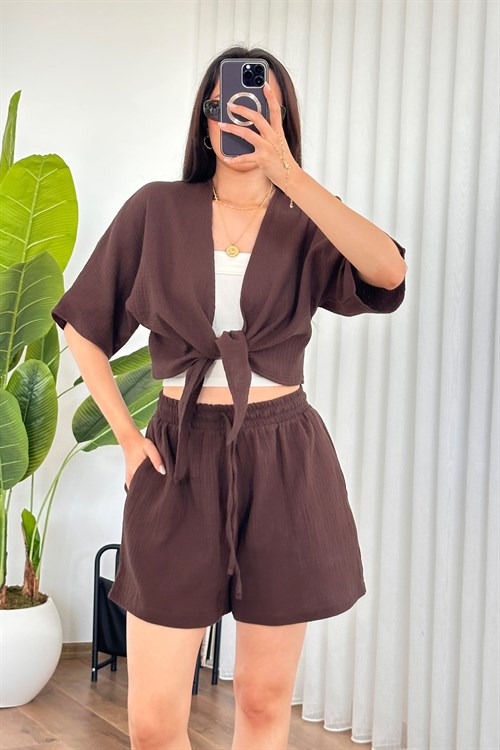 Müslin Önden Bağlamalı Kısa Model Toptan Kahve Kimono