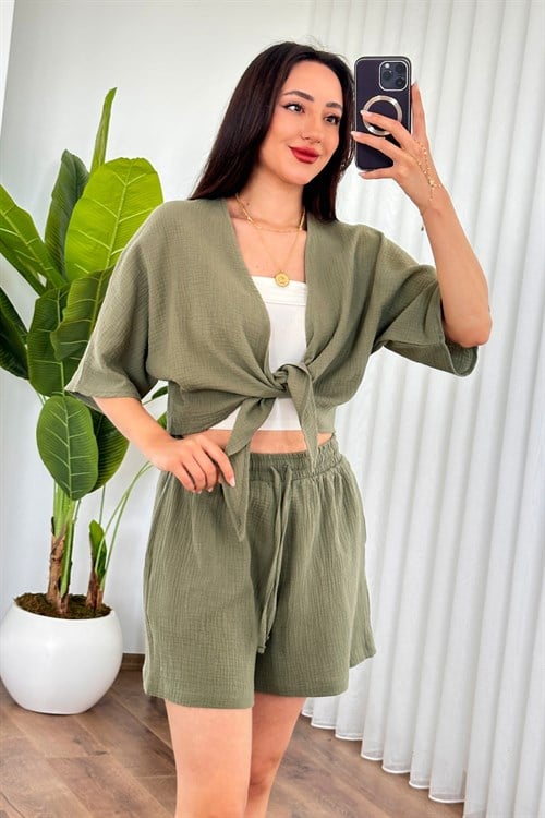 Müslin Önden Bağlamalı Kısa Model Toptan Haki Kimono