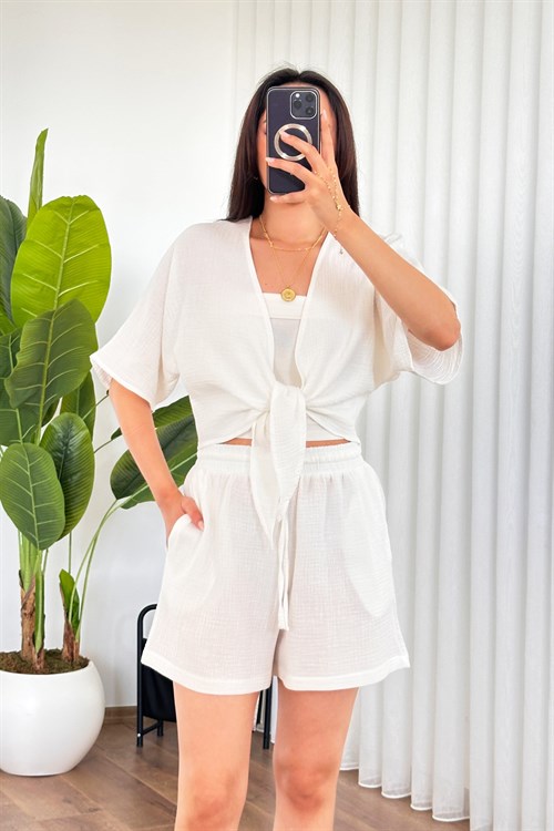 Müslin Önden Bağlamalı Kısa Model Toptan Beyaz Kimono
