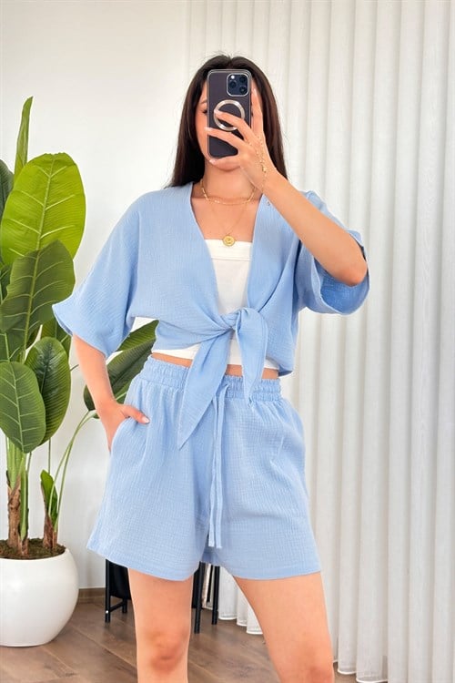 Müslin Önden Bağlamalı Kısa Model Toptan Bebe Mavisi Kimono