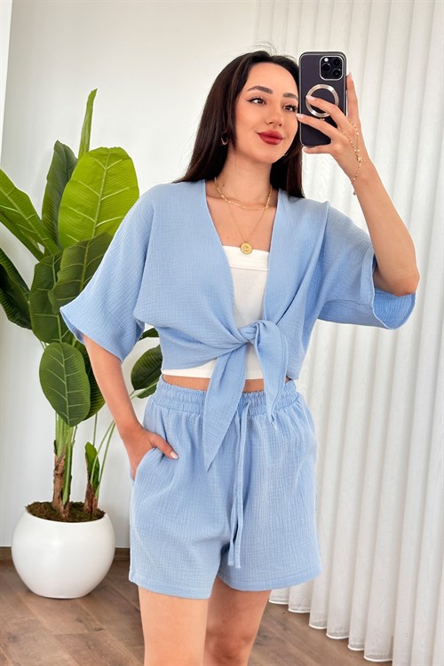 Müslin Önden Bağlamalı Kısa Model Toptan Bebe Mavisi Kimono