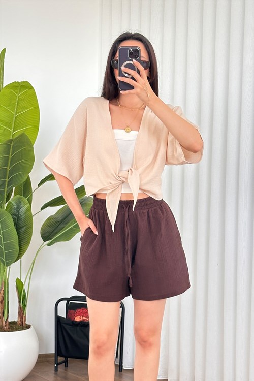 Müslin Önden Bağlamalı Kısa Model Toptan Bej Kimono