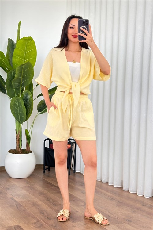 Müslin Önden Bağlamalı Kısa Model Toptan Sarı Kimono