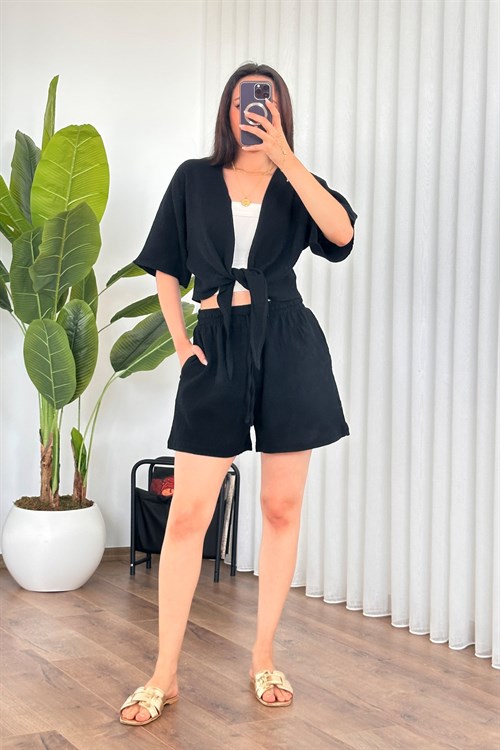Müslin Önden Bağlamalı Kısa Model Toptan Siyah Kimono