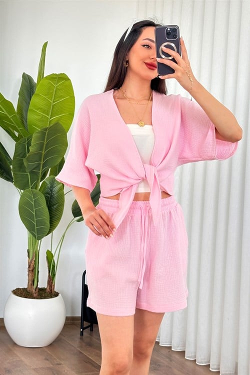 Müslin Önden Bağlamalı Kısa Model Toptan Pembe Kimono