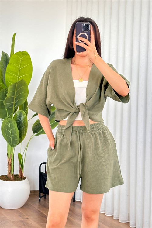 Müslin Önden Bağlamalı Kısa Model Toptan Haki Kimono