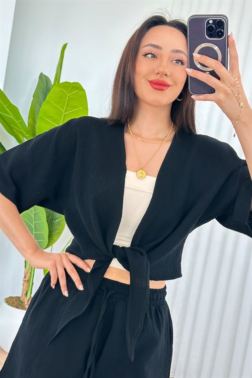 Müslin Önden Bağlamalı Kısa Model Toptan Siyah Kimono