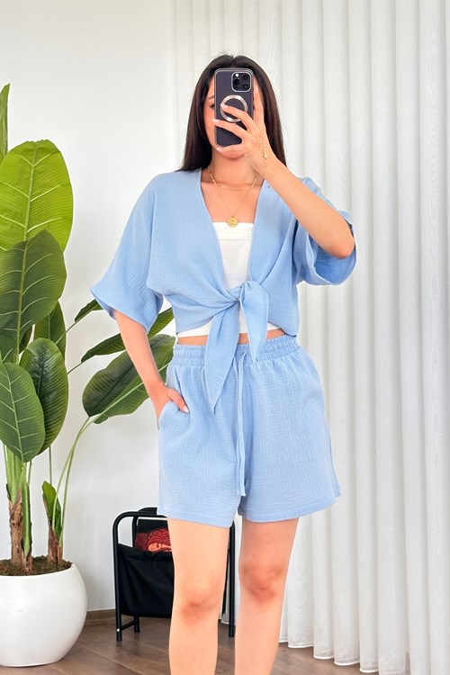 Müslin Önden Bağlamalı Kısa Model Toptan Bebe Mavisi Kimono