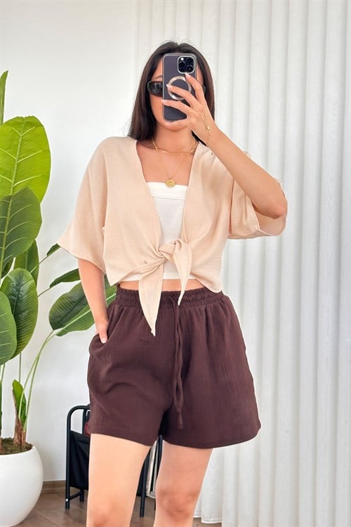 Müslin Önden Bağlamalı Kısa Model Toptan Bej Kimono