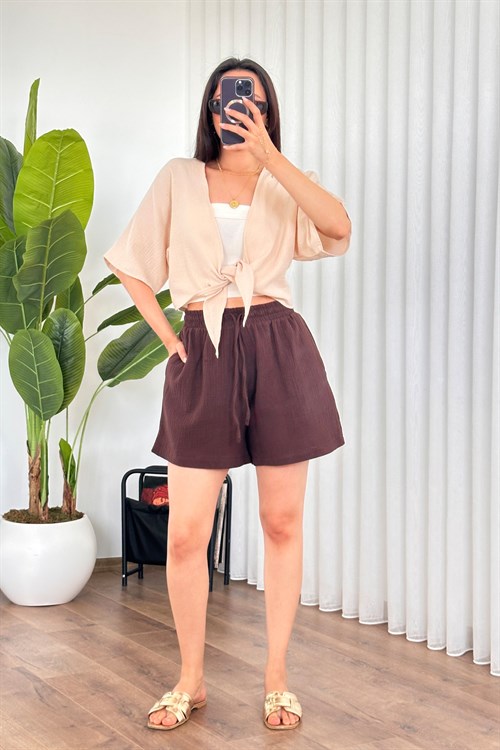 Müslin Önden Bağlamalı Kısa Model Toptan Bej Kimono