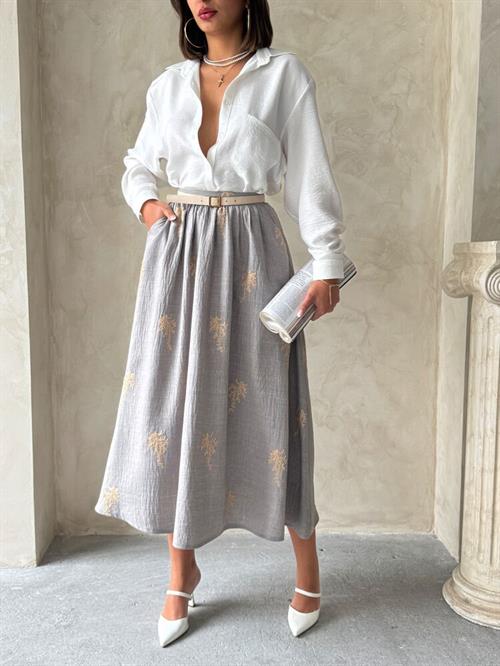 Long Linen Skirt with Embroidery Detail - Gray