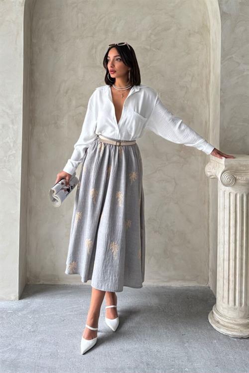Long Linen Skirt with Embroidery Detail - Gray