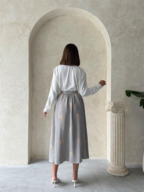 Long Linen Skirt with Embroidery Detail - Gray