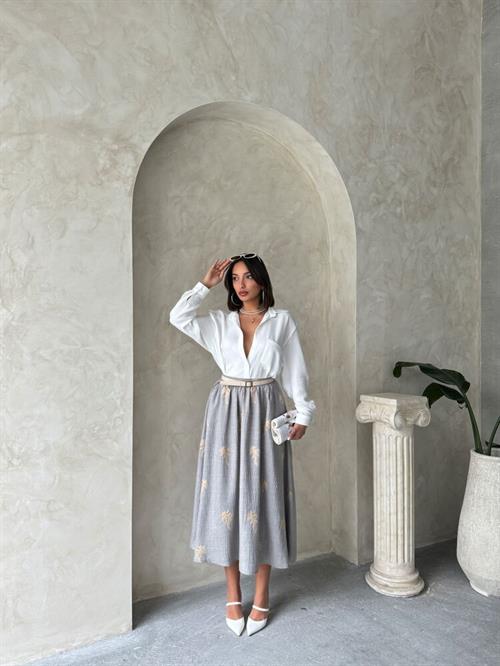 Long Linen Skirt with Embroidery Detail - Gray