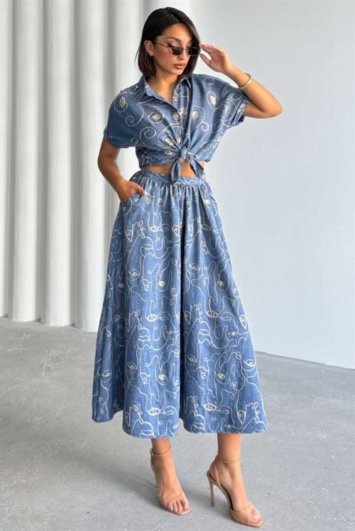 Nakışlı Etek - Koyu Mavi | Topshow