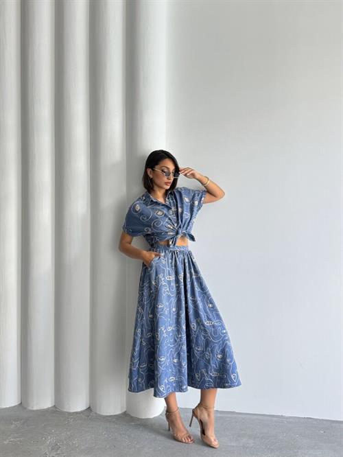 Nakışlı Etek - Koyu Mavi | Topshow