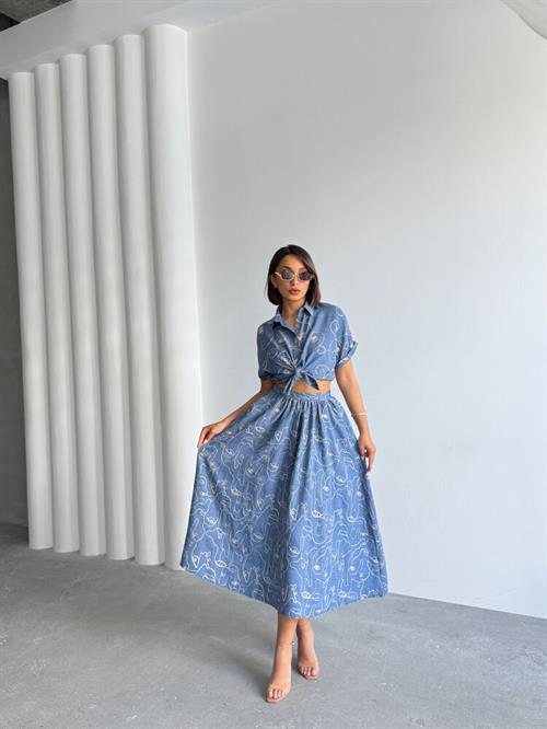 Nakışlı Etek - Koyu Mavi | Topshow