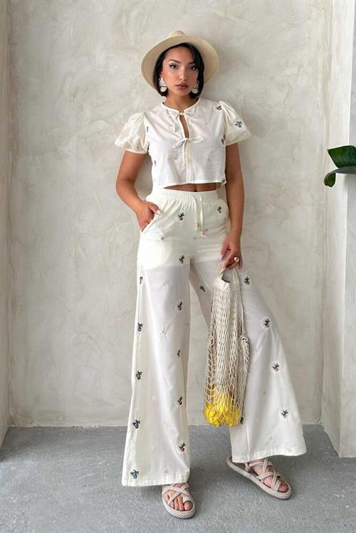 Wholesale Trousers With Embroidery - Stone | Toshow