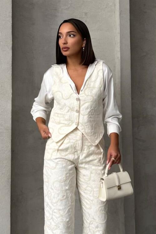 Nakışlı Toptan Yelek - Krem