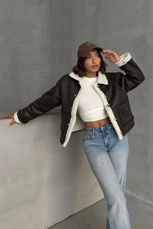 Wholesale Coat with Nubuck Fur Collar - Khaki Cream