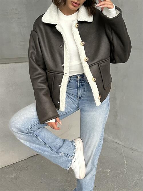 Wholesale Coat with Nubuck Fur Collar - Khaki Cream