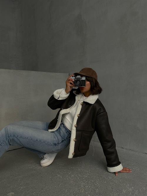 Wholesale Coat with Nubuck Fur Collar - Khaki Cream