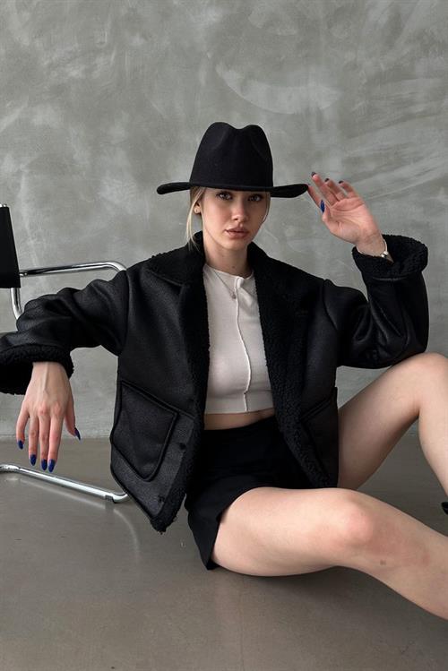 Nubuck Wholesale Coat with Fur Collar - Black Black