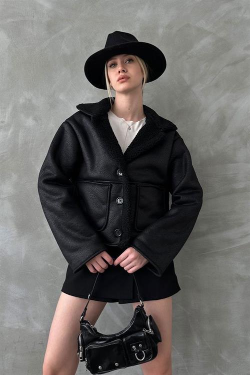 Nubuck Wholesale Coat with Fur Collar - Black Black