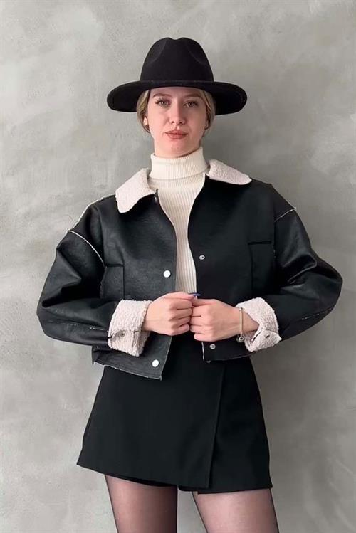 Nubuck Wholesale Coat with Fur Collar - Black