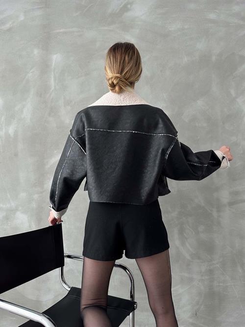 Nubuck Wholesale Coat with Fur Collar - Black