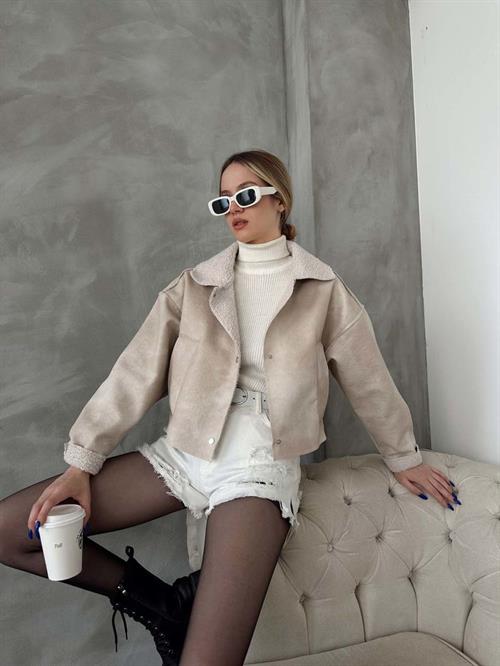 Wholesale Coat with Nubuck Fur Collar - Stone