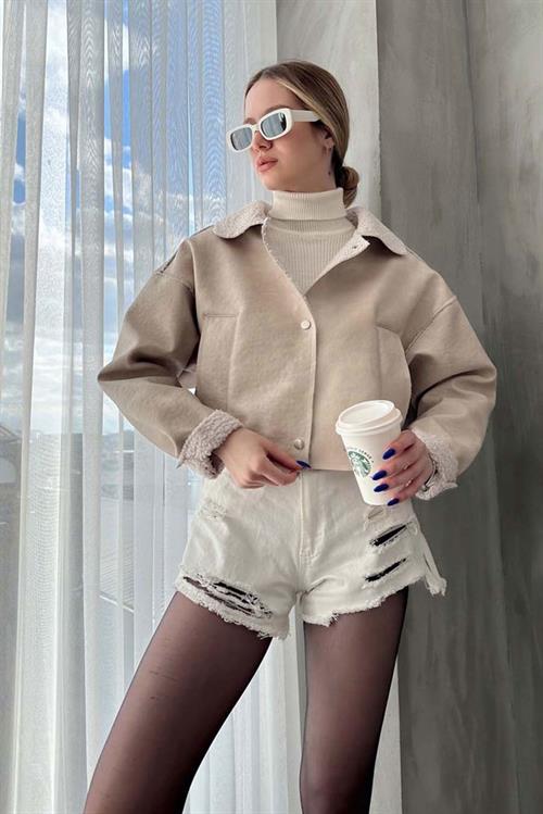 Wholesale Coat with Nubuck Fur Collar - Stone