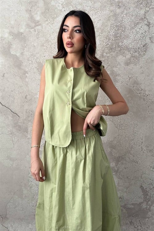 Olive Poplin Yelek Etek Takım
