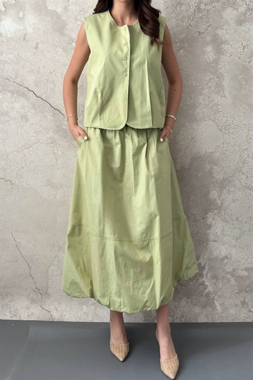 Olive Poplin Yelek Etek Takım
