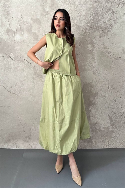 Olive Poplin Yelek Etek Takım