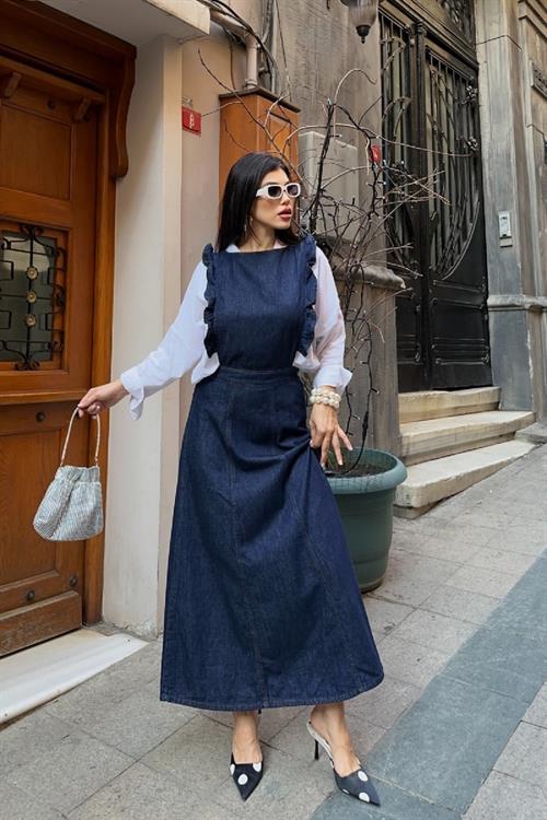 Omuzu Volanlı Fermuarlı Kot Elbise 3036-17-(S-XL)