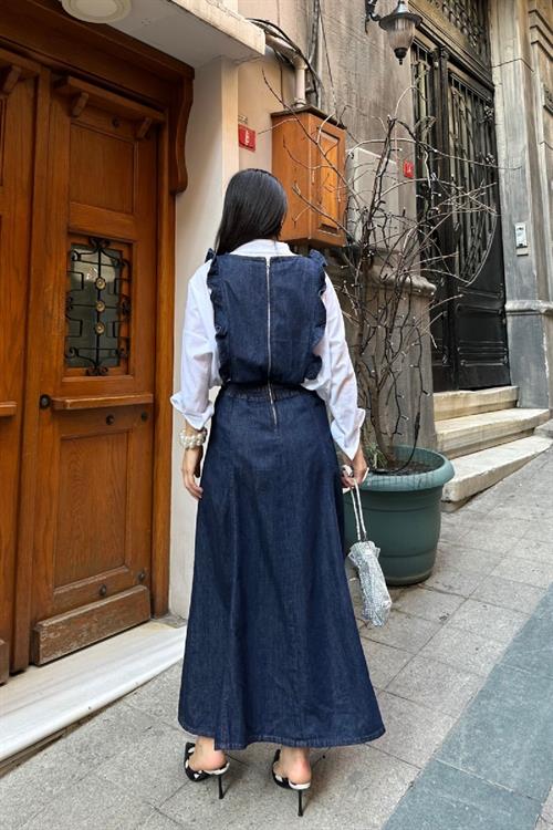 Omuzu Volanlı Fermuarlı Kot Elbise 3036-17-(S-XL)