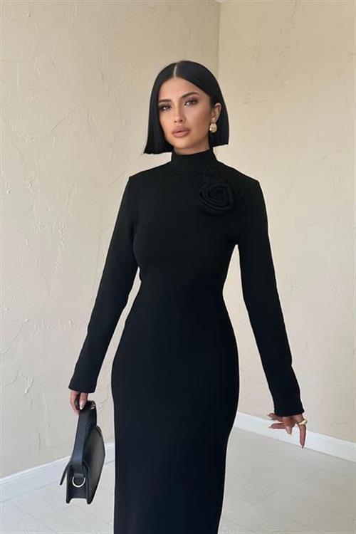 Wholesale Off-the-Shoulder Rose Straight Dress - Black