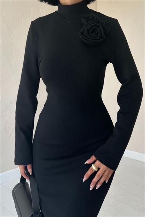 Wholesale Off-the-Shoulder Rose Straight Dress - Black