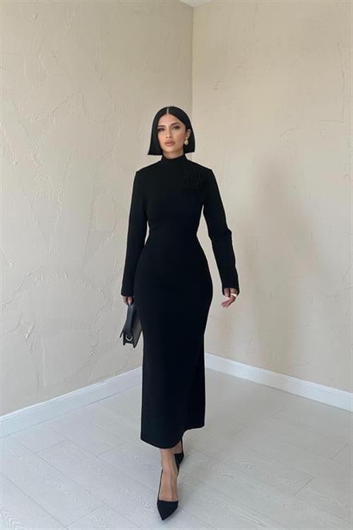 Wholesale Off-the-Shoulder Rose Straight Dress - Black