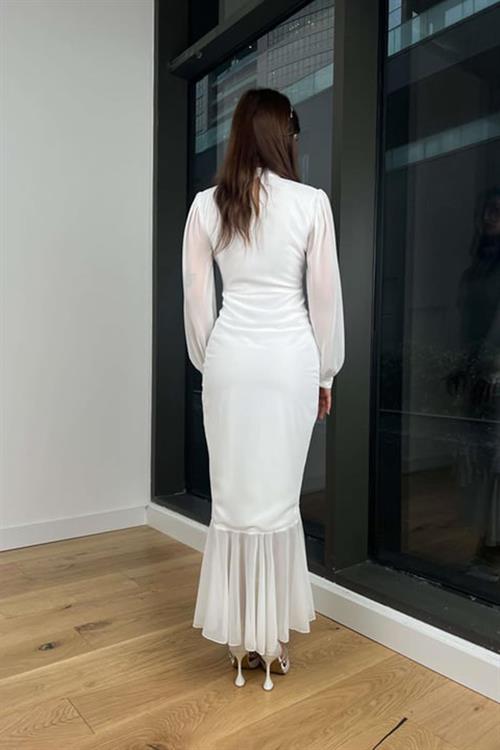 Toptan Beyaz Önü Büzgülü Şifon Elbise