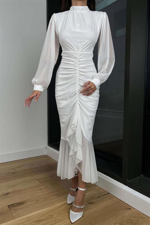 Toptan Beyaz Önü Büzgülü Şifon Elbise