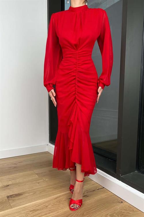 Toptan Kırmızı Önü Büzgülü Şifon Elbise