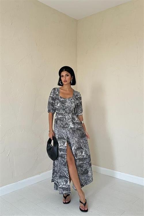 Wholesale Front Buttoned Heart Collar Dress - Khaki