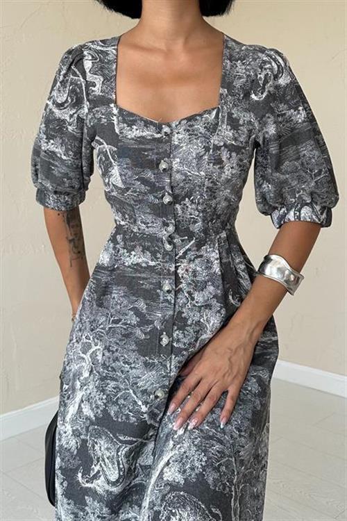 Wholesale Front Buttoned Heart Collar Dress - Khaki