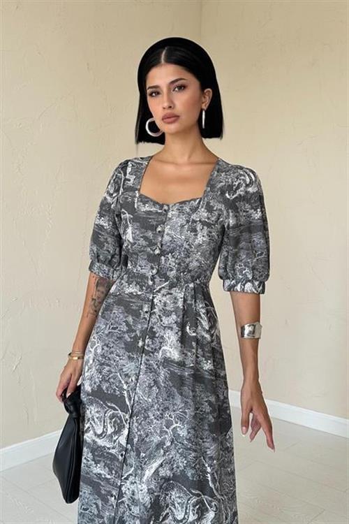 Wholesale Front Buttoned Heart Collar Dress - Khaki