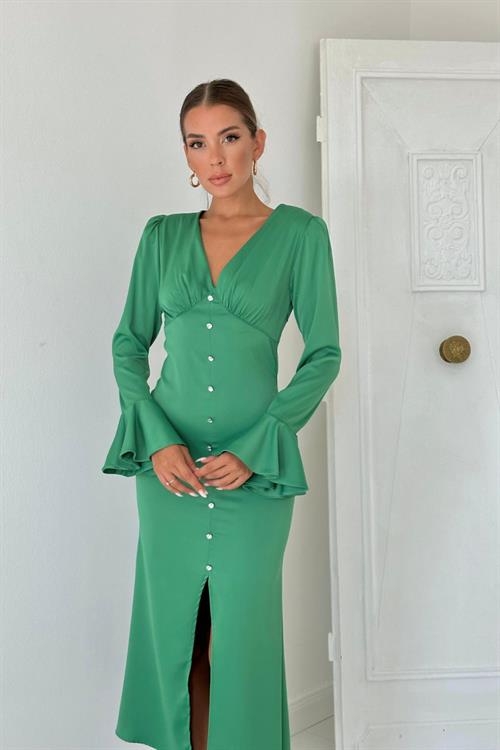 Wholesale Satin Dress with Slit Buttons on the Front - Green
