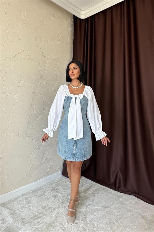 Toptan Mavi Önü Fiyoklu Kot Elbise