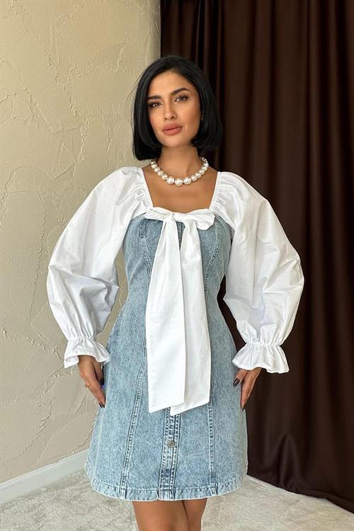 Toptan Mavi Önü Fiyoklu Kot Elbise